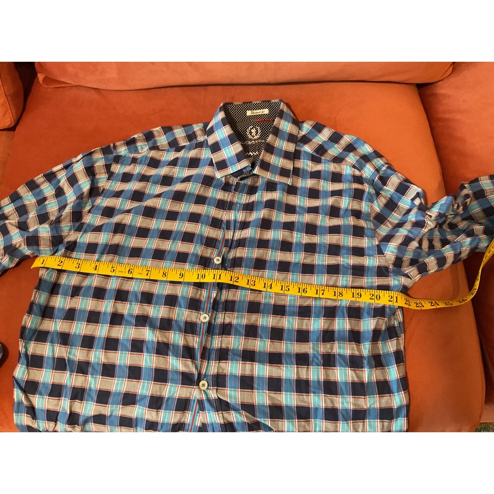 Bugatchi Uomo Mens Shaped Fit Plaid Button Down Shirt Blue Navy Polka Dot Trim
